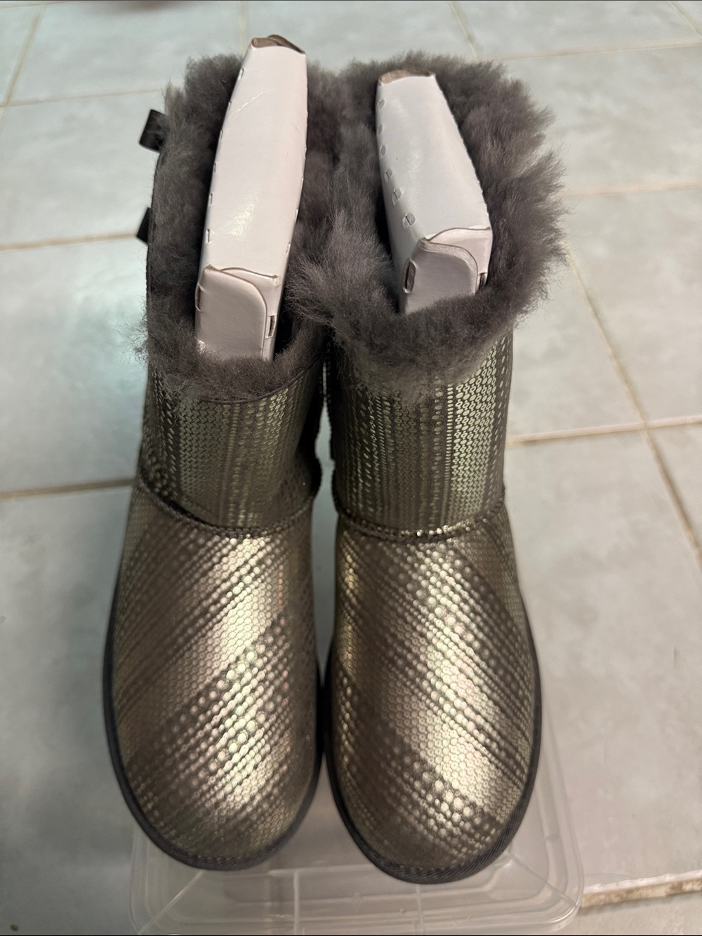 UGG Metallic Gray Short Shearling-Lined Boots